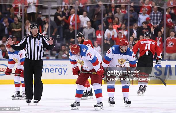 Evgeni Malkin and Nikolay Kulemin of Team Russia look on after a 5-3 loss to Team Canada at the semifinal game during the World Cup of Hockey 2016...