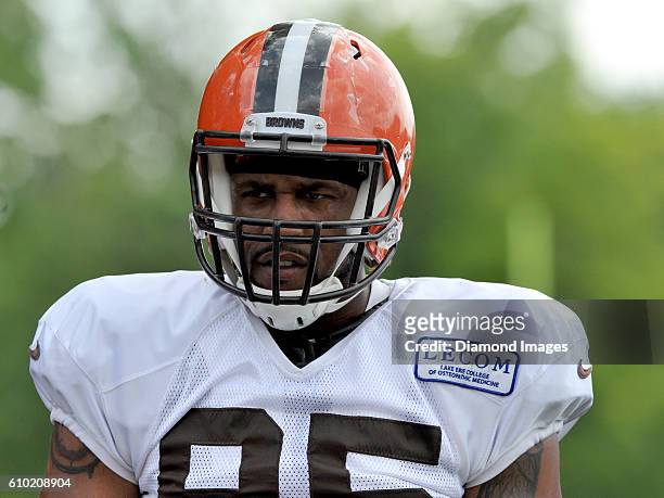 Defensive end Armonty Bryant of the Cleveland Browns takes part in drills during training camp on August 9, 2016 at the Cleveland Browns training...