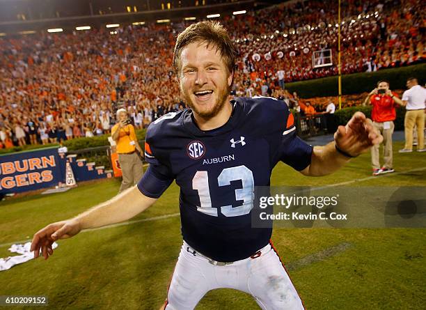 Sean White of the Auburn Tigers celebrates their 18-13 win over the LSU Tigers at Jordan-Hare Stadium on September 24, 2016 in Auburn, Alabama.