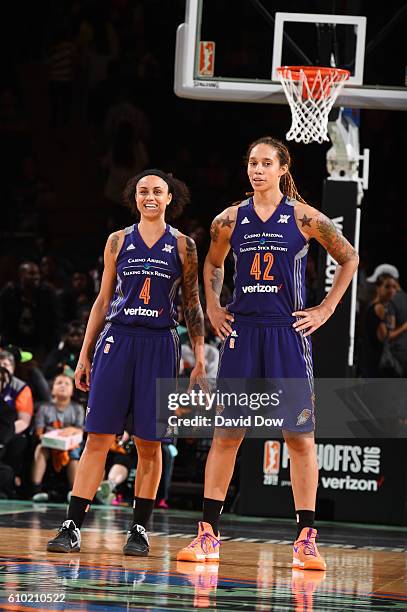 Candice Dupree and Brittney Griner of the Phoenix Mercury look on during the game against the New York Liberty during Round Two of the 2016 WNBA...