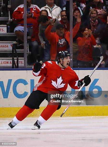 Brad Marchand of Team Canada reacts after scoring a third period goal against Team Russia at the semifinal game during the World Cup of Hockey...