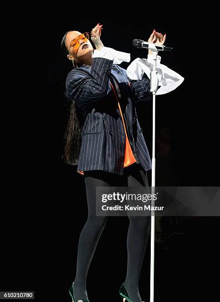 Singer Rihanna performs onstage at the 2016 Global Citizen Festival In Central Park To End Extreme Poverty By 2030 at Central Park on September 24,...