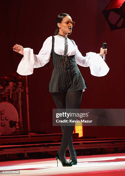 Singer Rihanna performs onstage at the 2016 Global Citizen Festival In Central Park To End Extreme Poverty By 2030 at Central Park on September 24,...