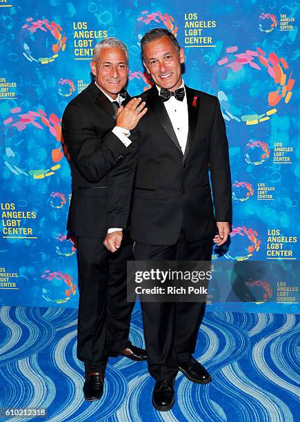 Olympic diver Greg Louganis and Johnny Chaillot attend the Los Angeles LGBT Center 47th Anniversary Gala Vanguard Awards at Pacific Design Center on...