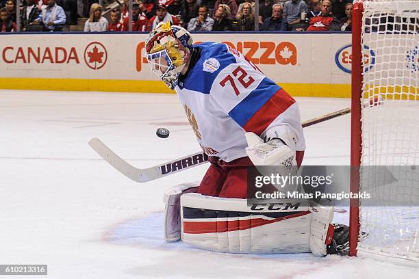 Sergei Bobrovsky of Team Russia makes a save during the World Cup of Hockey 2016 against Team Canada at Air Canada Centre on September 24, 2016 in...