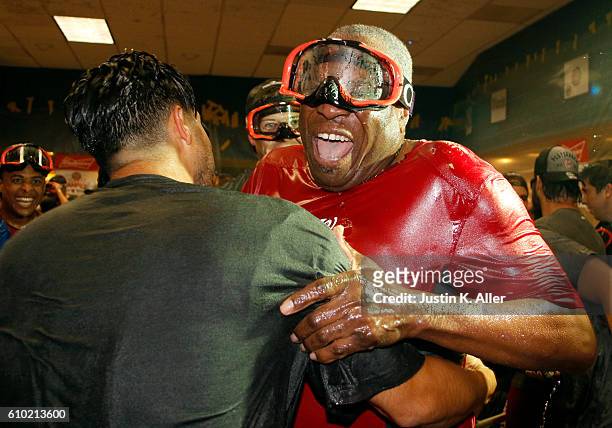 Dusty Baker of the Washington Nationals celebrates after clinching the National League East Division Championship after defeating the Pittsburgh...