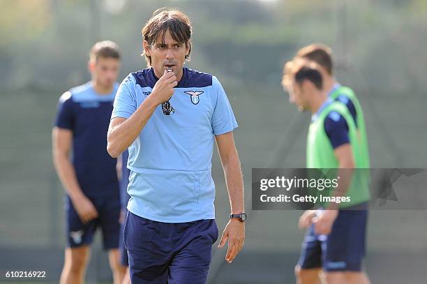 Coach Simone Inzaghi attends an SS Lazio training session on September 23, 2016 in Rome, Italy.