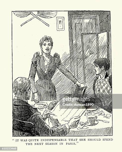 young victorian woman talking to her parents - asking mom stock illustrations