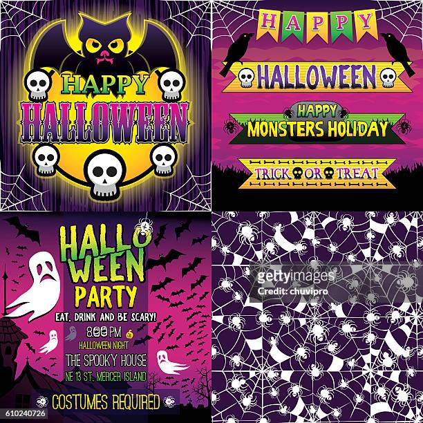 halloween set of frame, ribbons, invitation and seamless pattern - ugly spiders stock illustrations