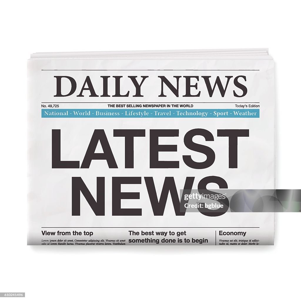 LATEST NEWS Headline. Newspaper isolated on White Background