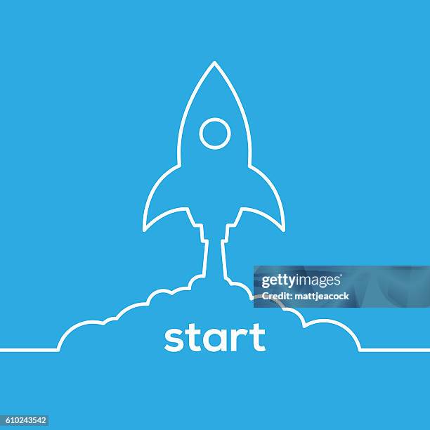 line artwork of a space rocket launching on a blue background - space rocket engine stock illustrations