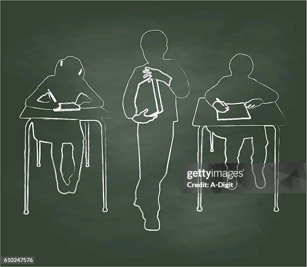 tafel junge studenten bei der arbeit - hausaufgaben mädchen stock-grafiken, -clipart, -cartoons und -symbole