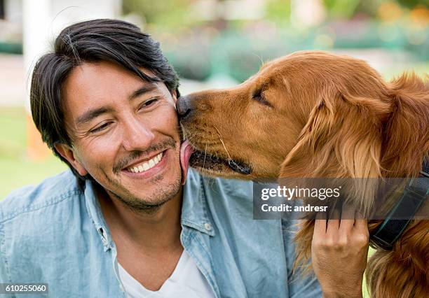 dog licking a happy man - lamber imagens e fotografias de stock