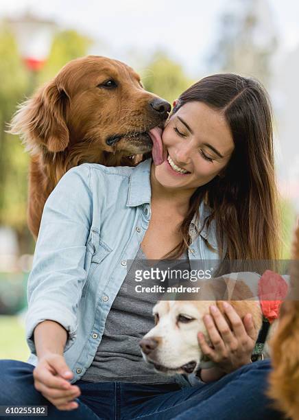 affectionate dog kissing a woman - dog licking face stockfoto's en -beelden