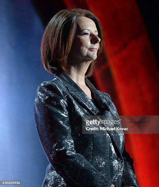 Former Prime Minister of Australia Julia Gillard presents onstage at the 2016 Global Citizen Festival ro End Extreme Poverty by 2030 at Central Park...