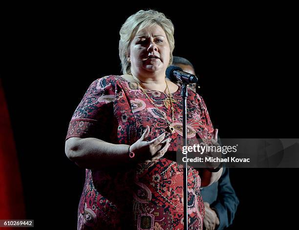 Prime Minister of Norway Erna Solberg presents onstage at the 2016 Global Citizen Festival ro End Extreme Poverty by 2030 at Central Park on...