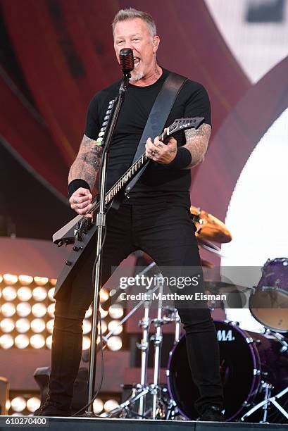 Guitarist James Hetfield of the band Metallica performs live on stage during Global Citizen Festival 2016 at Central Park on September 24, 2016 in...