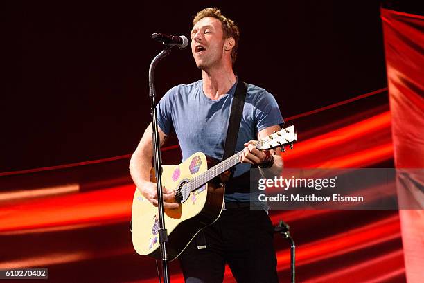 Chris Martin of the band Coldplay performs live on stage duirng Global Citizen Festival 2016 at Central Park on September 24, 2016 in New York City.