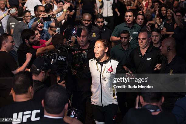 Cris Cyborg of Brazil enters the arena prior to her catchweight bout against Lina Lansberg of Sweden during the UFC Fight Night event at Nilson...