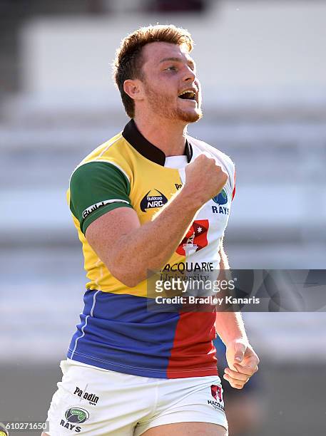 Jack Dempsey of the Rays celebrates scoring a try during the round five NRC match between Brisbane City and Sydney Rays at Ballymore Stadium on...