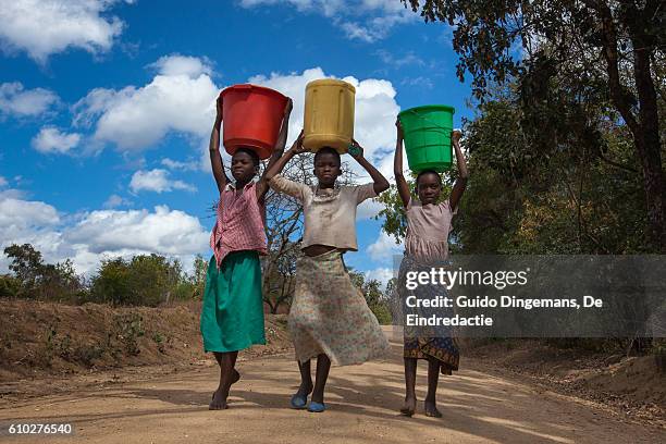 girls carrying water buckets at a borehole in malawi - africa stockfoto's en -beelden