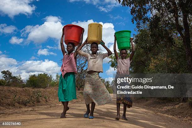 girls carrying water buckets at a borehole in malawi - floods and drought 個照片及圖片檔