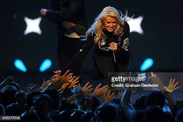Lauren Bennett of G.R.L performs during the Nickelodeon Slimefest 2016 matinee show at Margaret Court Arena on September 25, 2016 in Melbourne,...