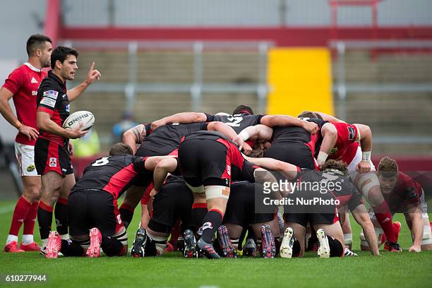 Scrum during the Guinness PRO12 Round 4 rugby match between Munster Rugby and Edinburgh Rugby at Thomond Park Stadium in Limerick, Ireland on...