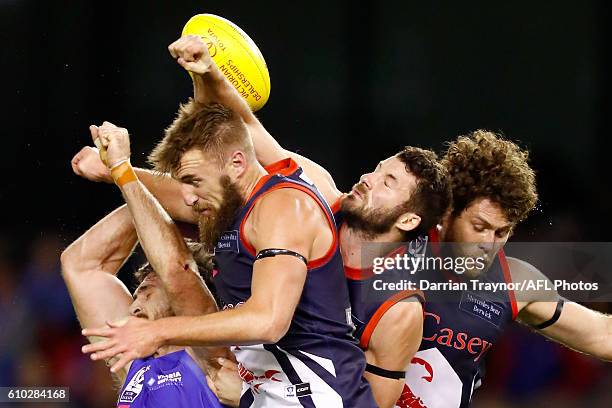 Colin Garland of Casey spoils Tom Campbell of Footscray during the VFL Grand Final match between the Casey Scorpions and the Footscray Bulldogs at...