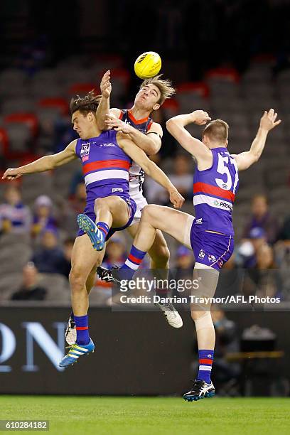 Tim Smith of Casey attempts to mark the ball during the VFL Grand Final match between the Casey Scorpions and the Footscray Bulldogs at Etihad...