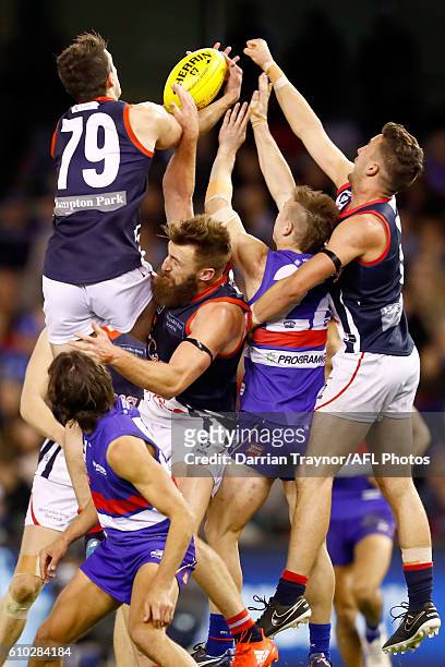 Joel Smith of Casey attempts to mark the ball during the VFL Grand Final match between the Casey Scorpions and the Footscray Bulldogs at Etihad...