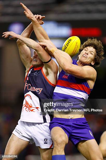 Will Minson of the Bulldogs spoils the ball during the VFL Grand Final match between the Casey Scorpions and the Footscray Bulldogs at Etihad Stadium...