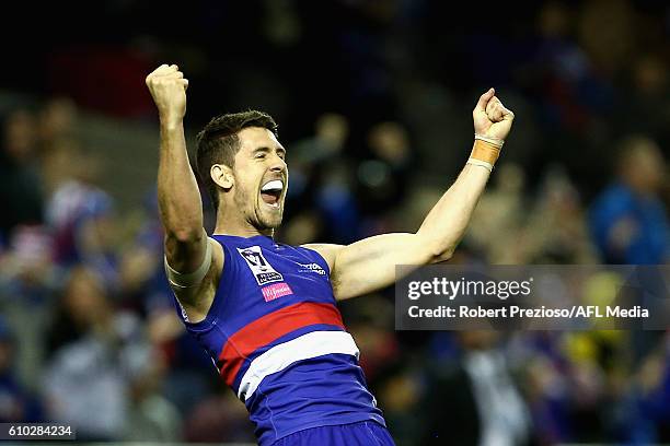 Jordan Russell of Footscray Bulldogs celebrates a win during the VFL Grand Final match between the Casey Scorpions and the Footscray Bulldogs at...