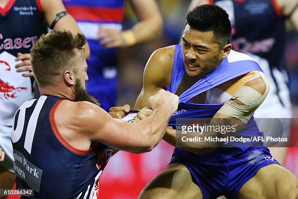 Lin Jong of Footscray wrestles with Lynden Dunn of Casey during the VFL Grand Final match between the Casey Scorpions and the Footscray Bulldogs at...