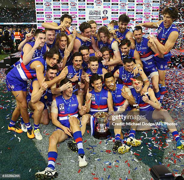 Footscray players celebrates the win during the VFL Grand Final match between the Casey Scorpions and the Footscray Bulldogs at Etihad Stadium on...