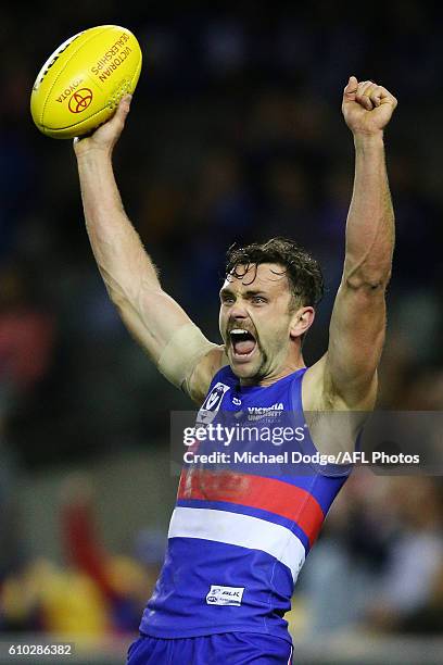 Anthony Barry of Footscray celebrates the win on the final siren during the VFL Grand Final match between the Casey Scorpions and the Footscray...