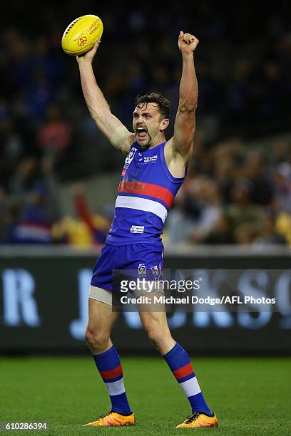 Anthony Barry of Footscray celebrates the win on the final siren during the VFL Grand Final match between the Casey Scorpions and the Footscray...