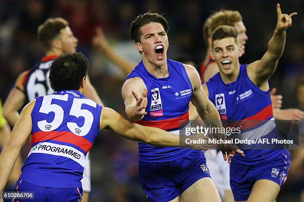 Bailey Williams of Footscray celebrates a goal during the VFL Grand Final match between the Casey Scorpions and the Footscray Bulldogs at Etihad...