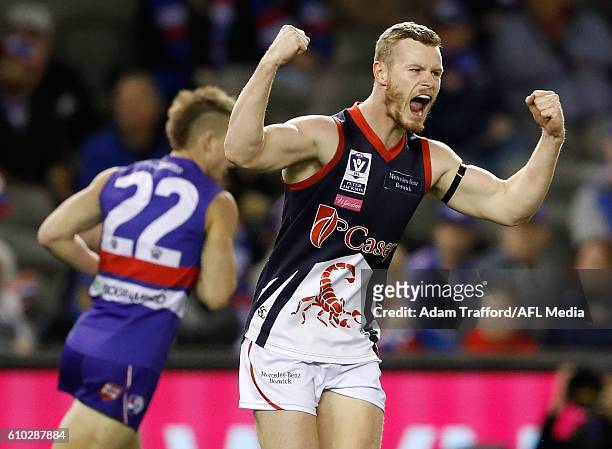 Mitch White of the Scorpions celebrates a goal during the VFL Grand Final match between Footscray Bulldogs and Casey Scorpions at Etihad Stadium on...