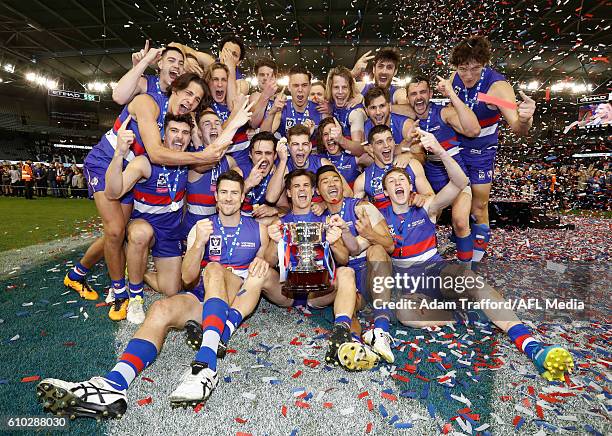 The Footscray Bulldogs celebrate the premiership during the VFL Grand Final match between Footscray Bulldogs and Casey Scorpions at Etihad Stadium on...