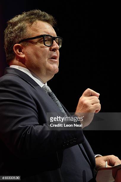 Deputy leader of the Labour Party Tom Watson addresses delegates on the first day of the Labour Party Conference in the Exhibition Centre Liverpool...
