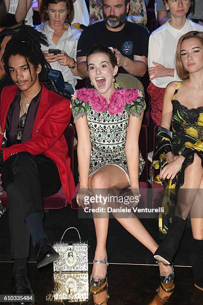 Luka Sabbat, Zoey Deutch, and Sarah Snyder attend the Dolce & Gabbana show during Milan Fashion Week Spring/Summer 2017 on September 25, 2016 in...