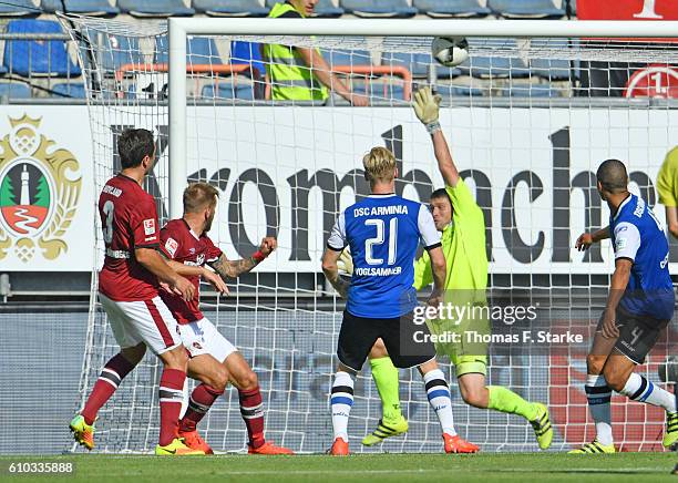 Guido Burgstaller of Nuernberg scores his teams second goal during the Second Bundesliga match between DSC Arminia Bielefeld and 1. FC Nuernberg at...