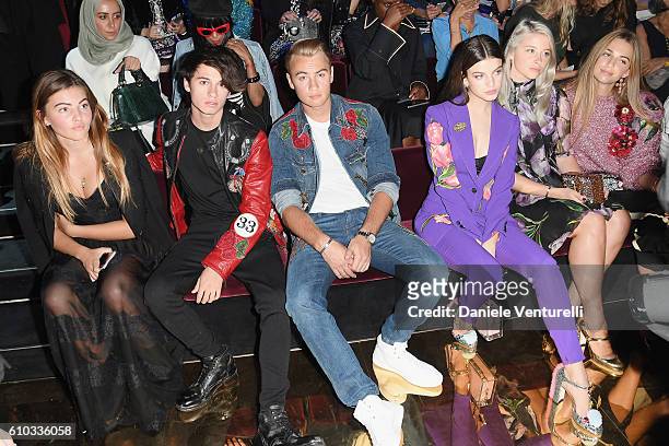 Thylane Blondeau, Dylan Jagger Lee, Brandon Thomas Lee, Sonia Ben Ammar, guest and Talita Von Furstenberg attend the Dolce And Gabbana show during...