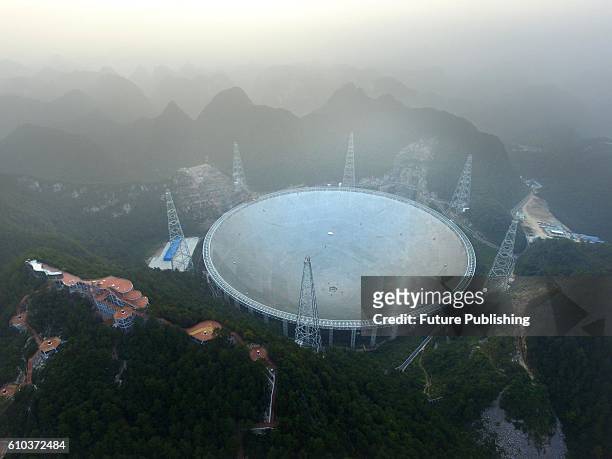 View of the Five-hundred-meter Aperture Spherical radio Telescope in Pingtang county on September 25, 2016 in Guizhou, China. The project, boasting...