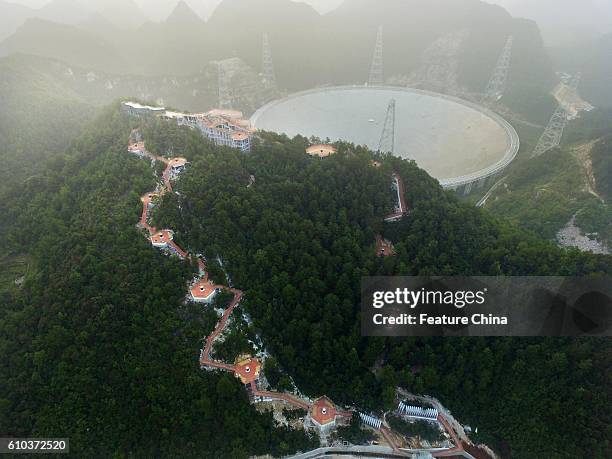 View of the Five-hundred-meter Aperture Spherical radio Telescope in Pingtang county on September 25, 2016 in Guizhou, China. The project, boasting...