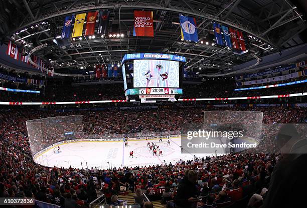 The opening face-off takes place at the start of the game between Team Canada and Team Russia at the semifinal game during the World Cup of Hockey...