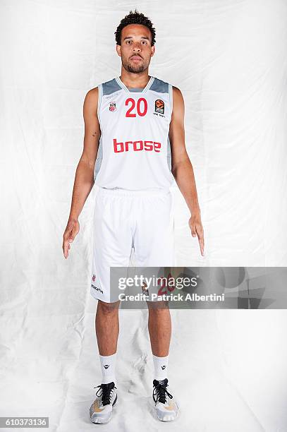 Elias Harris, #20 of Brose Bamberg poses during the 2016/2017 Turkish Airlines EuroLeague Media Day at Brose Arena on September 24, 2016 in Bamberg,...