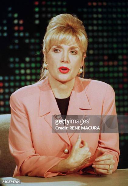 Gennifer Flowers gestures during her live interview on CNN's Larry King Live show in Hollywood, CA January 23, 1998. According to reports leaked to...