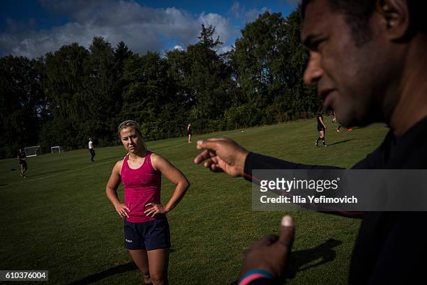 International women rugby players seen taking part in a weekend training session on September 24, 2016 in Helsingor, Denmark. Tabusoro Angels is an...